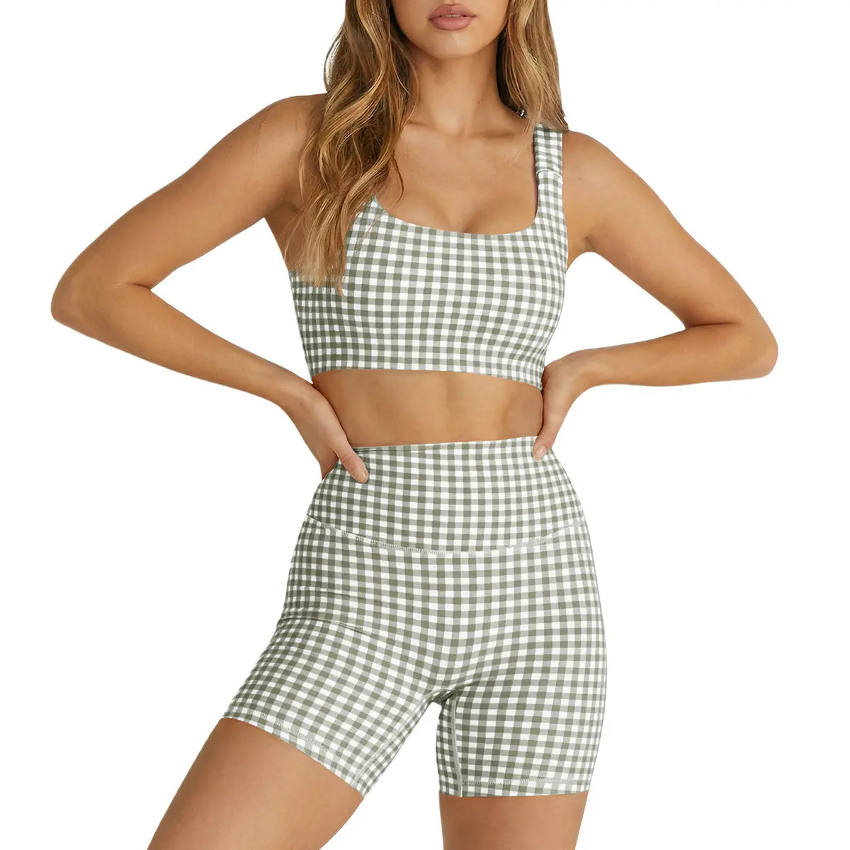 Aoysky Women'S 2 Piece Athleisure Wear Sets - Padded Open Back Gingham Crop Tank (Women'S Tops), High Waisted Seamless Sports Shorts, Sporty Style Outfits, Gym Sets for Yoga & Workout,Summerwins,Summeroutfits,Vacationoutfits,Bathingsuitwomenset,Beachoutfi