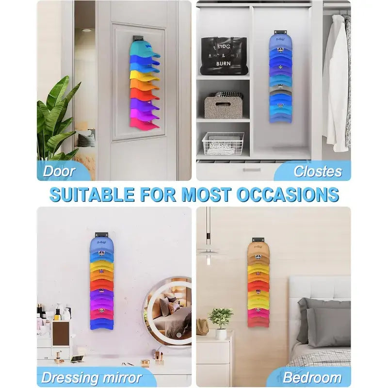 【Summervibes】2 Hat Organizer Wall Mounted Baseball Cap Rack Black or White Adhesive Mount Holds 18 Hats for Closet Door Bedroom Easy Access Display Installation