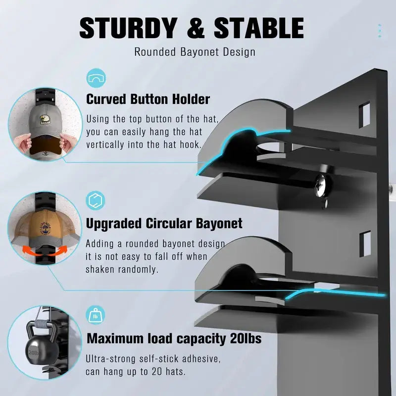 【Summervibes】2 Hat Organizer Wall Mounted Baseball Cap Rack Black or White Adhesive Mount Holds 18 Hats for Closet Door Bedroom Easy Access Display Installation