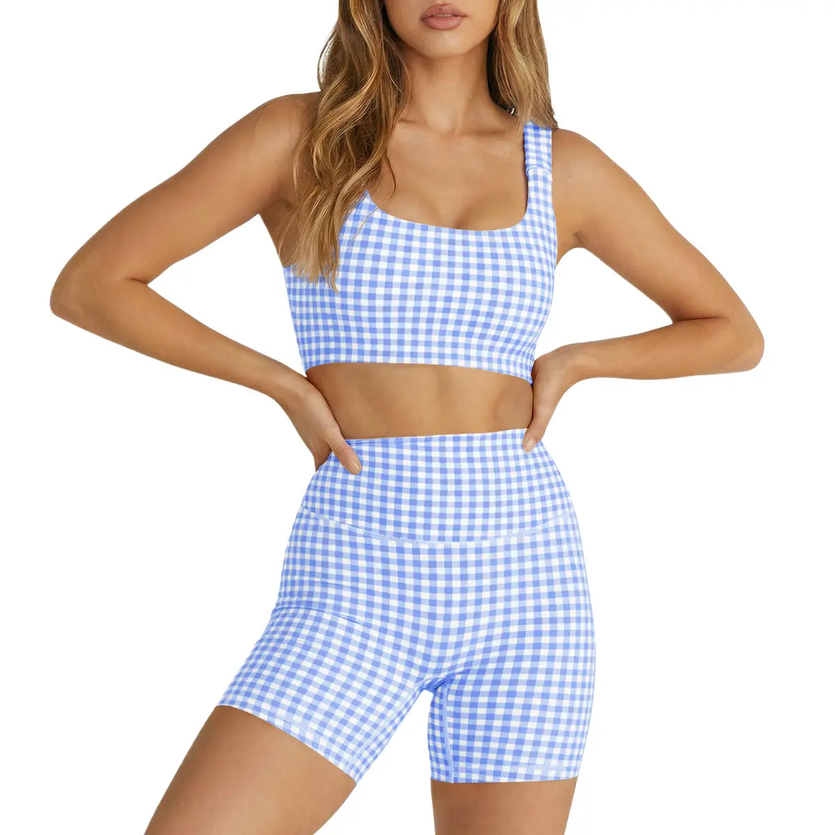 Aoysky Women'S 2 Piece Athleisure Wear Sets - Padded Open Back Gingham Crop Tank (Women'S Tops), High Waisted Seamless Sports Shorts, Sporty Style Outfits, Gym Sets for Yoga & Workout,Summerwins,Summeroutfits,Vacationoutfits,Bathingsuitwomenset,Beachoutfi