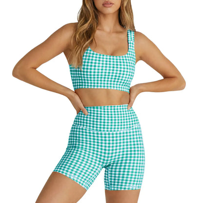Aoysky Women'S 2 Piece Athleisure Wear Sets - Padded Open Back Gingham Crop Tank (Women'S Tops), High Waisted Seamless Sports Shorts, Sporty Style Outfits, Gym Sets for Yoga & Workout,Summerwins,Summeroutfits,Vacationoutfits,Bathingsuitwomenset,Beachoutfi