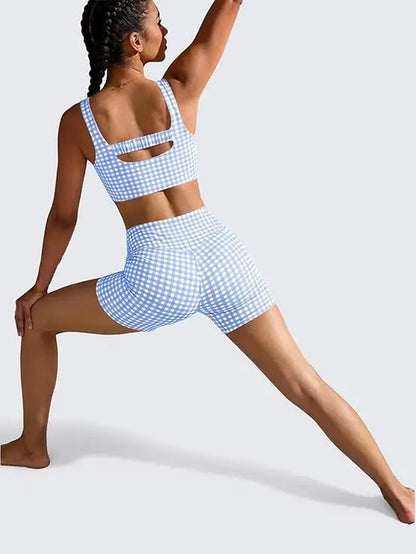 Aoysky Women'S 2 Piece Athleisure Wear Sets - Padded Open Back Gingham Crop Tank (Women'S Tops), High Waisted Seamless Sports Shorts, Sporty Style Outfits, Gym Sets for Yoga & Workout,Summerwins,Summeroutfits,Vacationoutfits,Bathingsuitwomenset,Beachoutfi