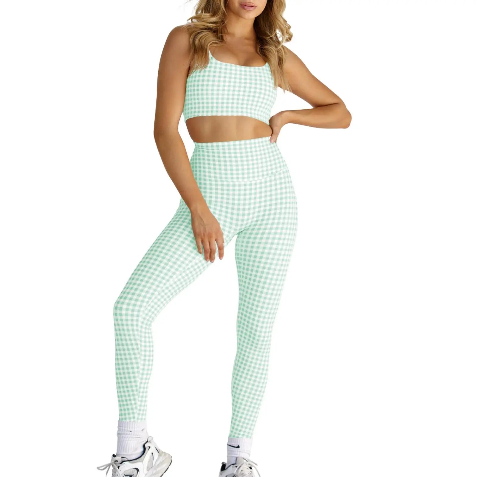 Aoysky Women'S 2 Piece Athleisure Wear Sets - Padded Open Back Gingham Crop Tank (Women'S Tops), High Waisted Seamless Sports Shorts, Sporty Style Outfits, Gym Sets for Yoga & Workout,Summerwins,Summeroutfits,Vacationoutfits,Bathingsuitwomenset,Beachoutfi