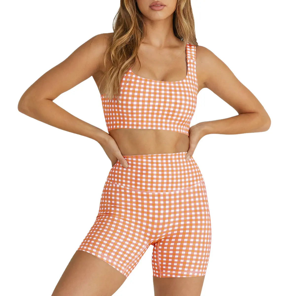 Aoysky Women'S 2 Piece Athleisure Wear Sets - Padded Open Back Gingham Crop Tank (Women'S Tops), High Waisted Seamless Sports Shorts, Sporty Style Outfits, Gym Sets for Yoga & Workout,Summerwins,Summeroutfits,Vacationoutfits,Bathingsuitwomenset,Beachoutfi