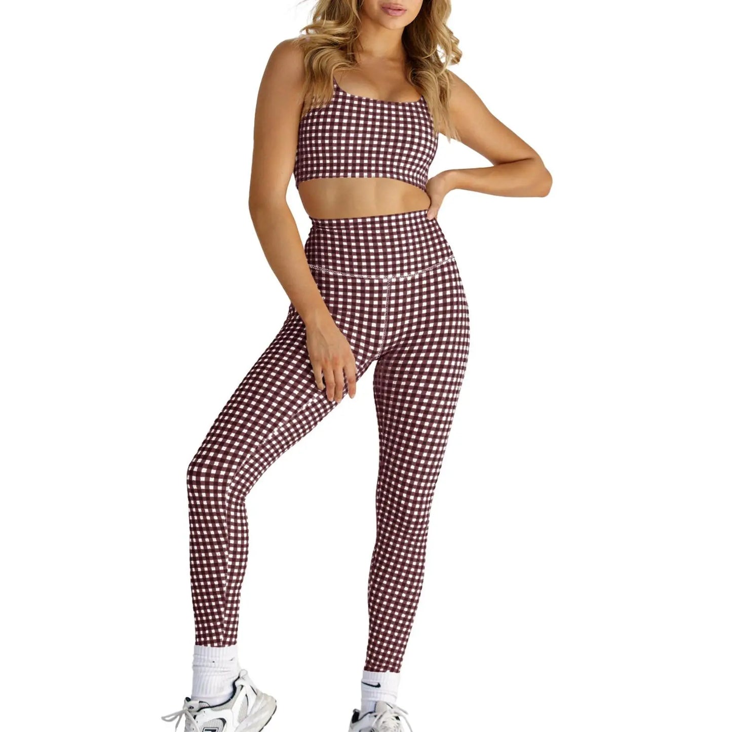 Aoysky Women'S 2 Piece Athleisure Wear Sets - Padded Open Back Gingham Crop Tank (Women'S Tops), High Waisted Seamless Sports Shorts, Sporty Style Outfits, Gym Sets for Yoga & Workout,Summerwins,Summeroutfits,Vacationoutfits,Bathingsuitwomenset,Beachoutfi