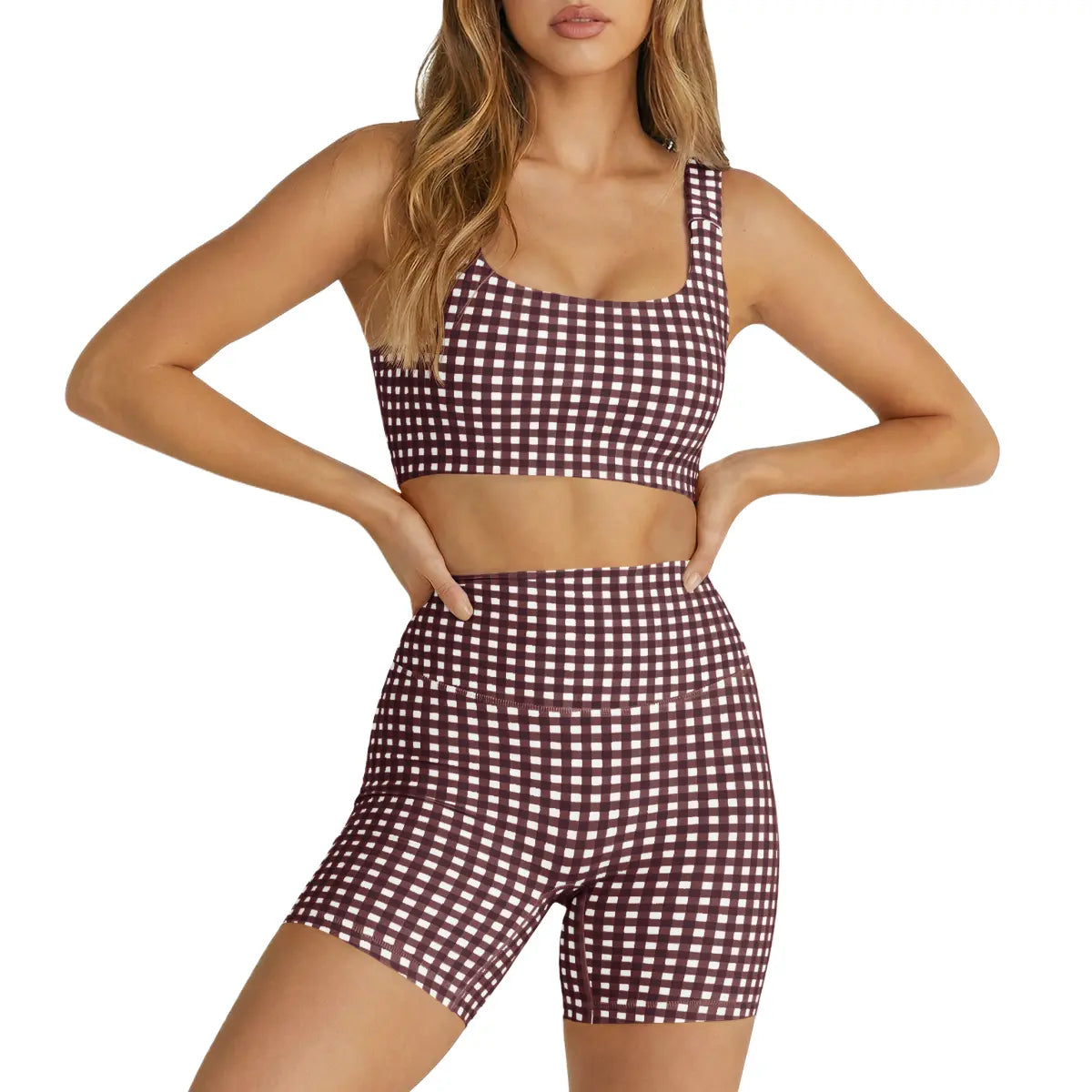 Aoysky Women'S 2 Piece Athleisure Wear Sets - Padded Open Back Gingham Crop Tank (Women'S Tops), High Waisted Seamless Sports Shorts, Sporty Style Outfits, Gym Sets for Yoga & Workout,Summerwins,Summeroutfits,Vacationoutfits,Bathingsuitwomenset,Beachoutfi