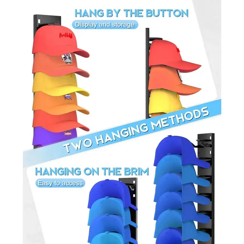 【Summervibes】2 Hat Organizer Wall Mounted Baseball Cap Rack Black or White Adhesive Mount Holds 18 Hats for Closet Door Bedroom Easy Access Display Installation