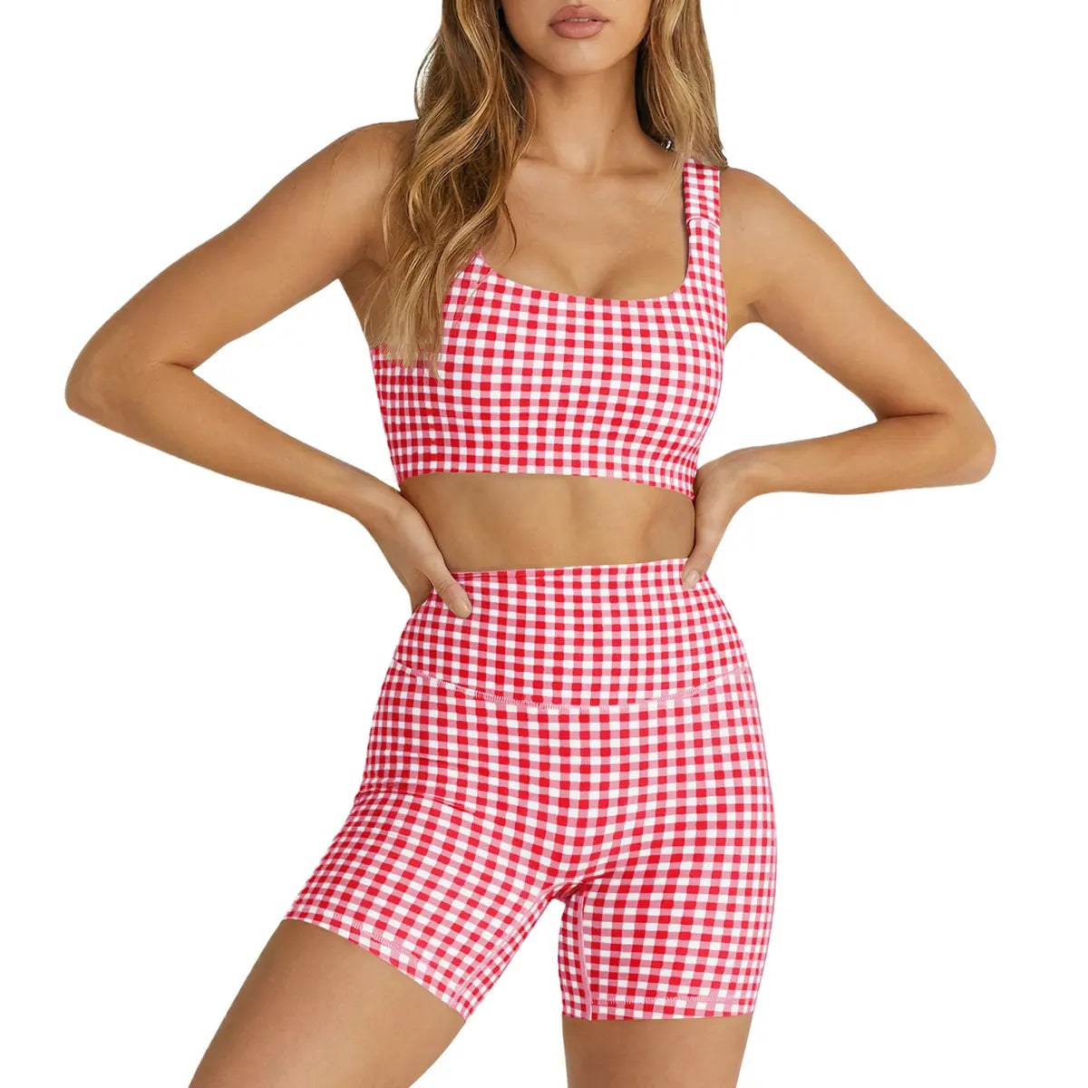 Aoysky Women'S 2 Piece Athleisure Wear Sets - Padded Open Back Gingham Crop Tank (Women'S Tops), High Waisted Seamless Sports Shorts, Sporty Style Outfits, Gym Sets for Yoga & Workout,Summerwins,Summeroutfits,Vacationoutfits,Bathingsuitwomenset,Beachoutfi
