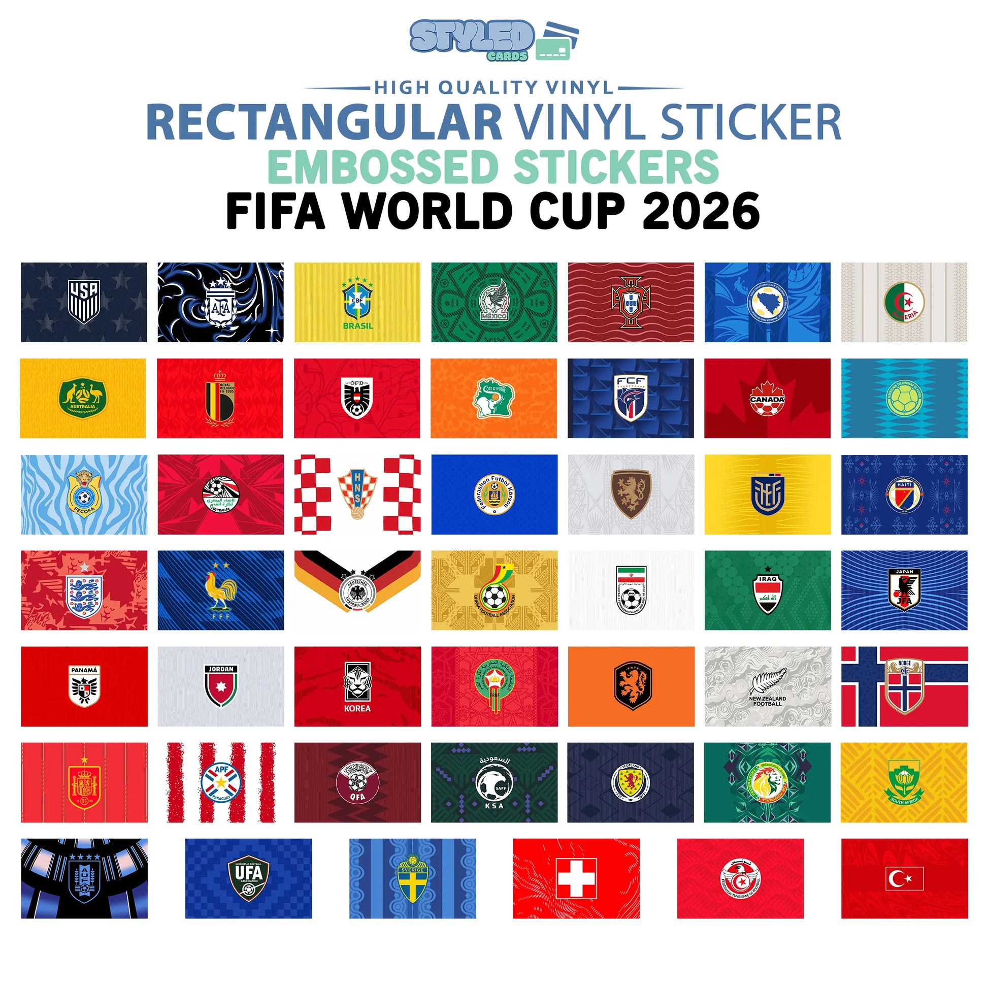 Soccer World Cup Rectangular Embossed Stickers Made with High Quality Vinyl