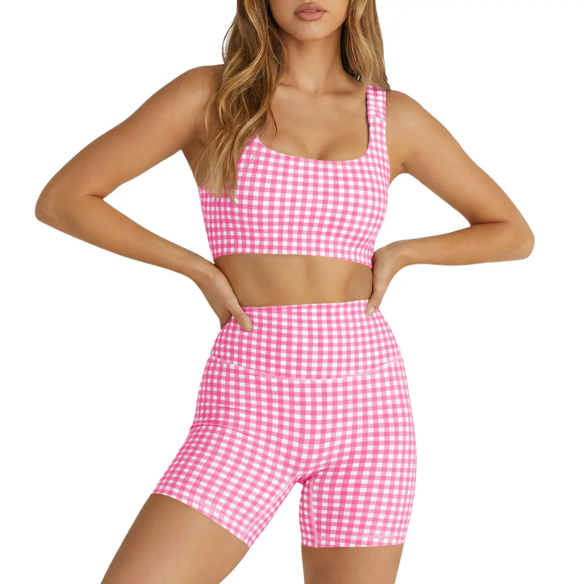 Aoysky Women'S 2 Piece Athleisure Wear Sets - Padded Open Back Gingham Crop Tank (Women'S Tops), High Waisted Seamless Sports Shorts, Sporty Style Outfits, Gym Sets for Yoga & Workout,Summerwins,Summeroutfits,Vacationoutfits,Bathingsuitwomenset,Beachoutfi