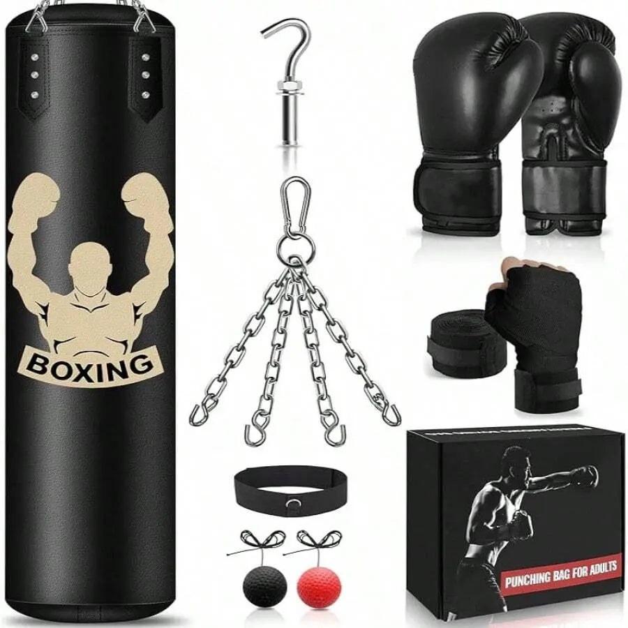 4FT Unfilled Microfiber Leather Hanging Punch Bag Set - Boxing Equipment for Teens Home Training, 12Oz Gloves, Reflex Ball, Multi-Layer Shock Absorption