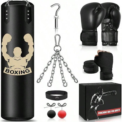 4FT Unfilled Microfiber Leather Hanging Punch Bag Set - Boxing Equipment for Teens Home Training, 12Oz Gloves, Reflex Ball, Multi-Layer Shock Absorption