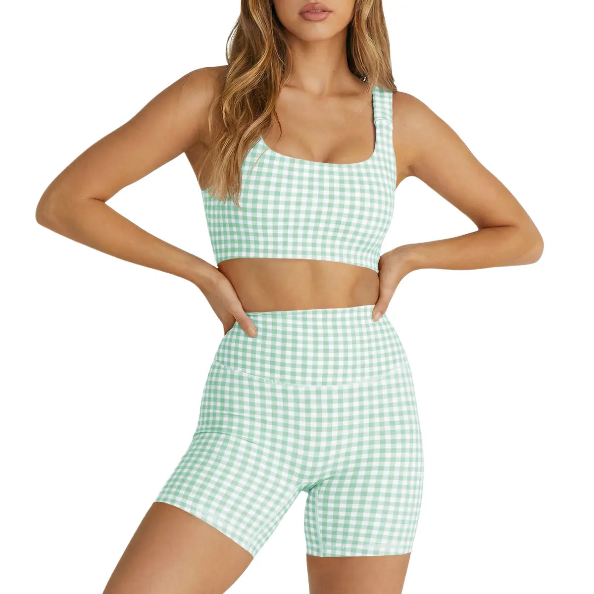 Aoysky Women'S 2 Piece Athleisure Wear Sets - Padded Open Back Gingham Crop Tank (Women'S Tops), High Waisted Seamless Sports Shorts, Sporty Style Outfits, Gym Sets for Yoga & Workout,Summerwins,Summeroutfits,Vacationoutfits,Bathingsuitwomenset,Beachoutfi