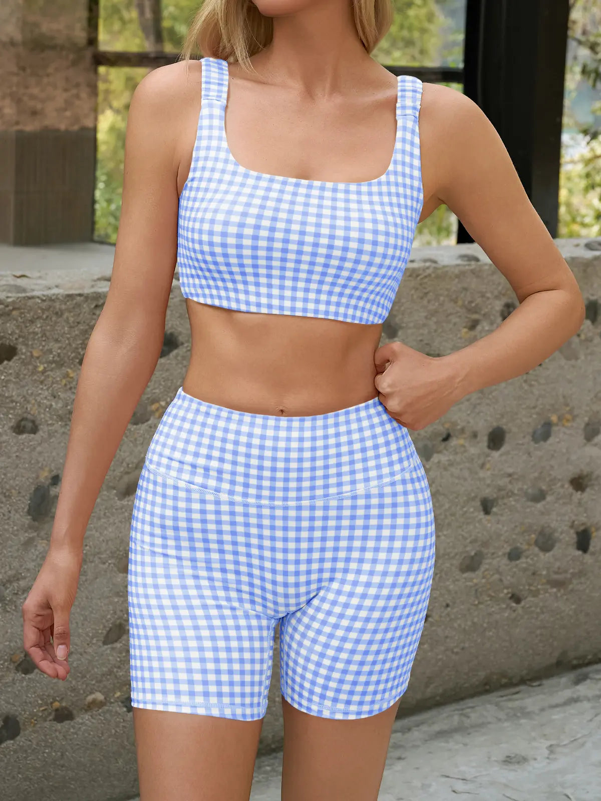 Aoysky Women'S 2 Piece Athleisure Wear Sets - Padded Open Back Gingham Crop Tank (Women'S Tops), High Waisted Seamless Sports Shorts, Sporty Style Outfits, Gym Sets for Yoga & Workout,Summerwins,Summeroutfits,Vacationoutfits,Bathingsuitwomenset,Beachoutfi