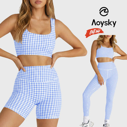 Aoysky Women'S 2 Piece Athleisure Wear Sets - Padded Open Back Gingham Crop Tank (Women'S Tops), High Waisted Seamless Sports Shorts, Sporty Style Outfits, Gym Sets for Yoga & Workout,Summerwins,Summeroutfits,Vacationoutfits,Bathingsuitwomenset,Beachoutfi