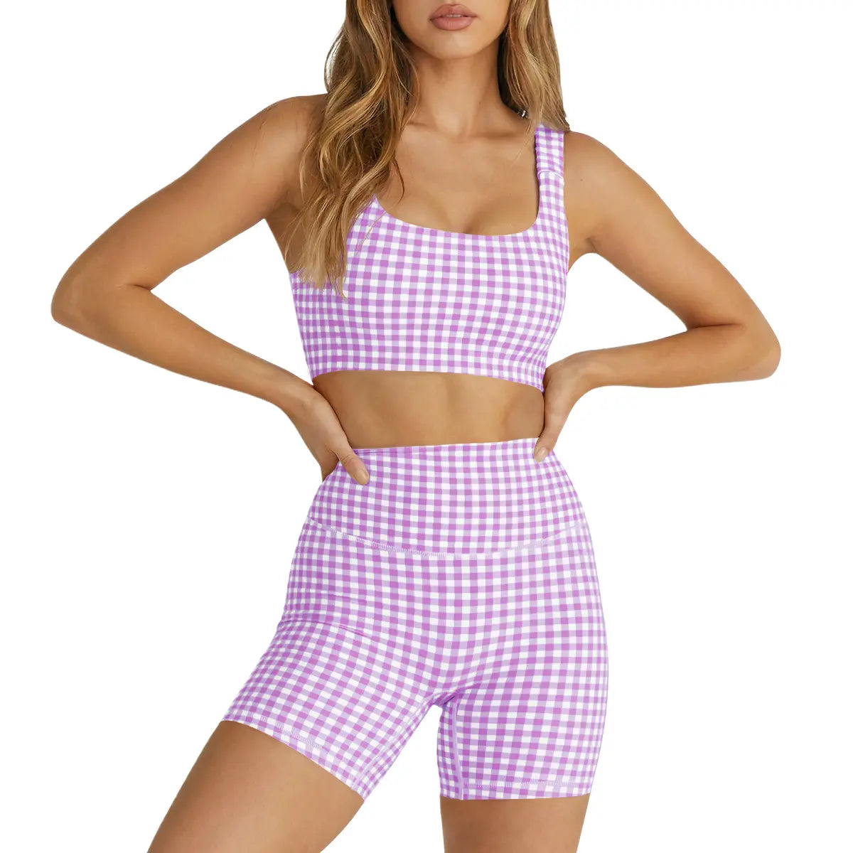 Aoysky Women'S 2 Piece Athleisure Wear Sets - Padded Open Back Gingham Crop Tank (Women'S Tops), High Waisted Seamless Sports Shorts, Sporty Style Outfits, Gym Sets for Yoga & Workout,Summerwins,Summeroutfits,Vacationoutfits,Bathingsuitwomenset,Beachoutfi