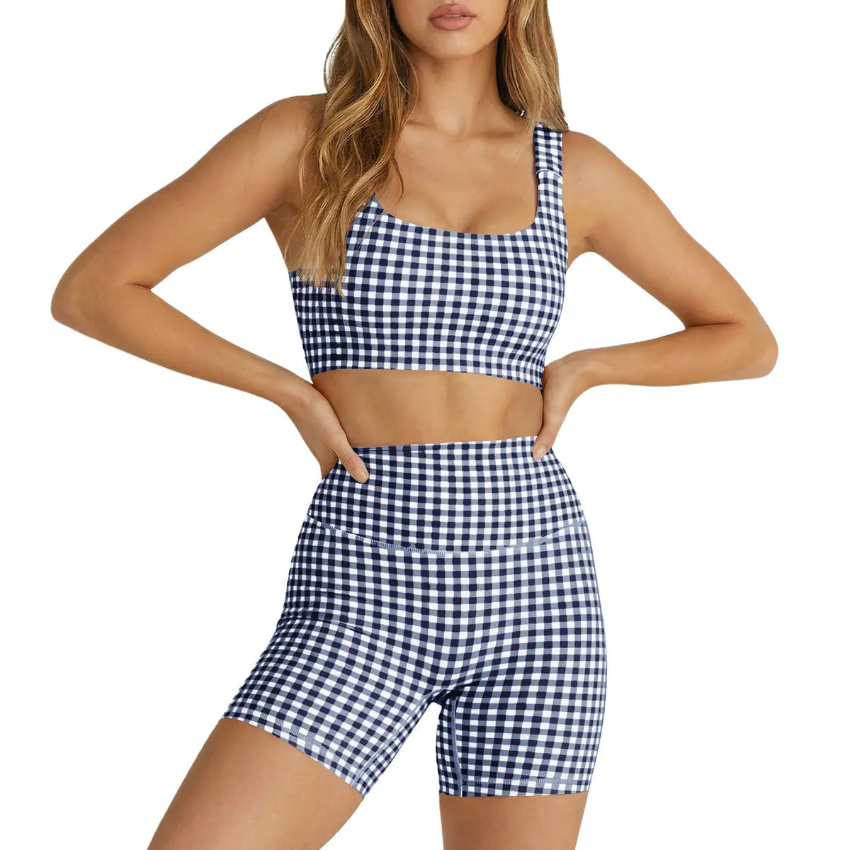 Aoysky Women'S 2 Piece Athleisure Wear Sets - Padded Open Back Gingham Crop Tank (Women'S Tops), High Waisted Seamless Sports Shorts, Sporty Style Outfits, Gym Sets for Yoga & Workout,Summerwins,Summeroutfits,Vacationoutfits,Bathingsuitwomenset,Beachoutfi