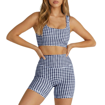 Aoysky Women'S 2 Piece Athleisure Wear Sets - Padded Open Back Gingham Crop Tank (Women'S Tops), High Waisted Seamless Sports Shorts, Sporty Style Outfits, Gym Sets for Yoga & Workout,Summerwins,Summeroutfits,Vacationoutfits,Bathingsuitwomenset,Beachoutfi