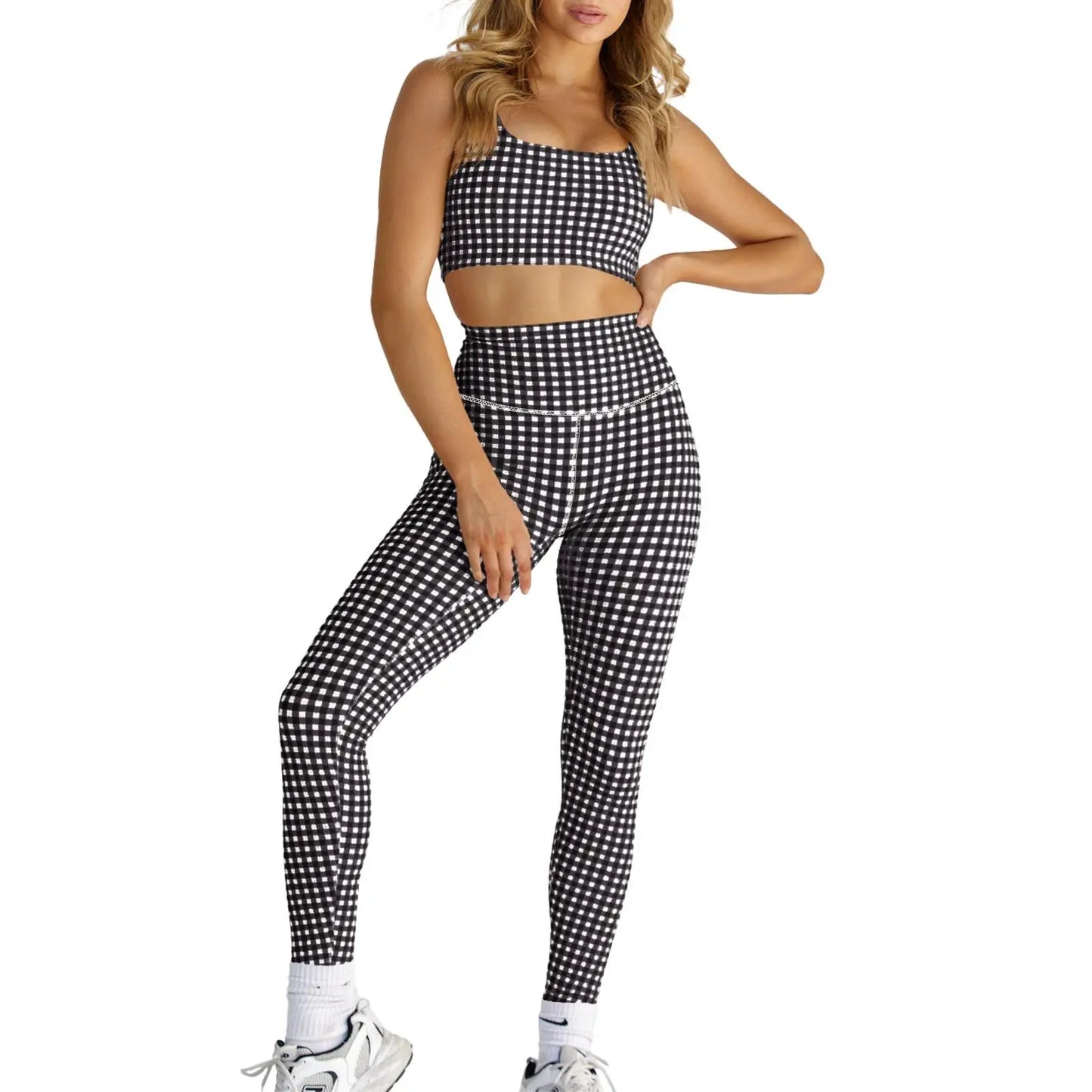 Aoysky Women'S 2 Piece Athleisure Wear Sets - Padded Open Back Gingham Crop Tank (Women'S Tops), High Waisted Seamless Sports Shorts, Sporty Style Outfits, Gym Sets for Yoga & Workout,Summerwins,Summeroutfits,Vacationoutfits,Bathingsuitwomenset,Beachoutfi
