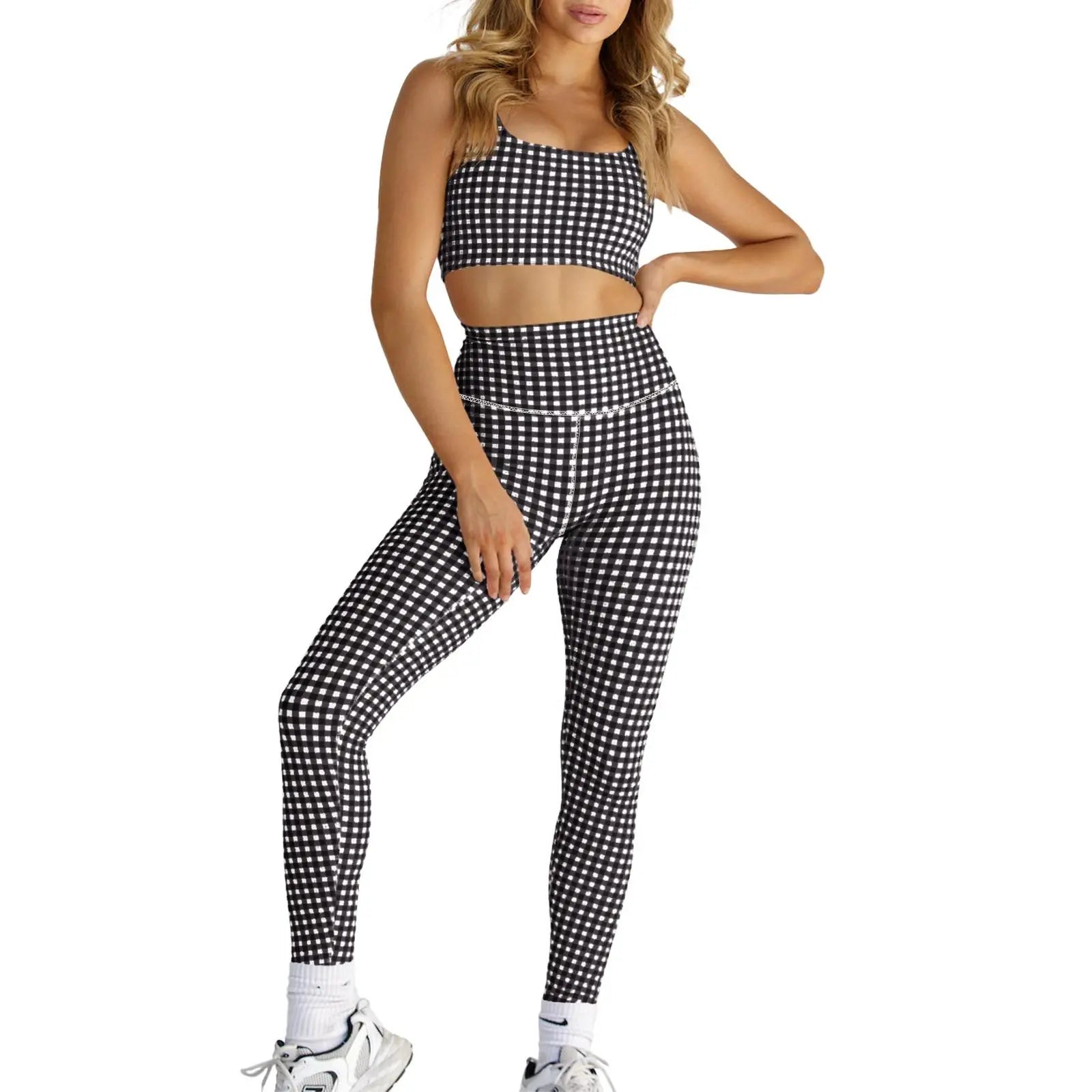 Aoysky Women'S 2 Piece Athleisure Wear Sets - Padded Open Back Gingham Crop Tank (Women'S Tops), High Waisted Seamless Sports Shorts, Sporty Style Outfits, Gym Sets for Yoga & Workout,Summerwins,Summeroutfits,Vacationoutfits,Bathingsuitwomenset,Beachoutfi