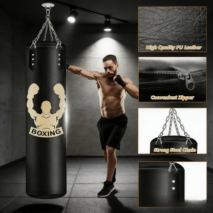 4FT Unfilled Microfiber Leather Hanging Punch Bag Set - Boxing Equipment for Teens Home Training, 12Oz Gloves, Reflex Ball, Multi-Layer Shock Absorption
