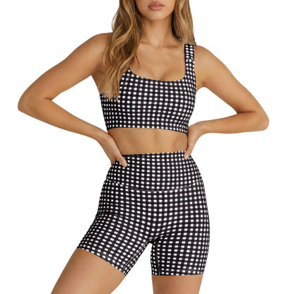 Aoysky Women'S 2 Piece Athleisure Wear Sets - Padded Open Back Gingham Crop Tank (Women'S Tops), High Waisted Seamless Sports Shorts, Sporty Style Outfits, Gym Sets for Yoga & Workout,Summerwins,Summeroutfits,Vacationoutfits,Bathingsuitwomenset,Beachoutfi