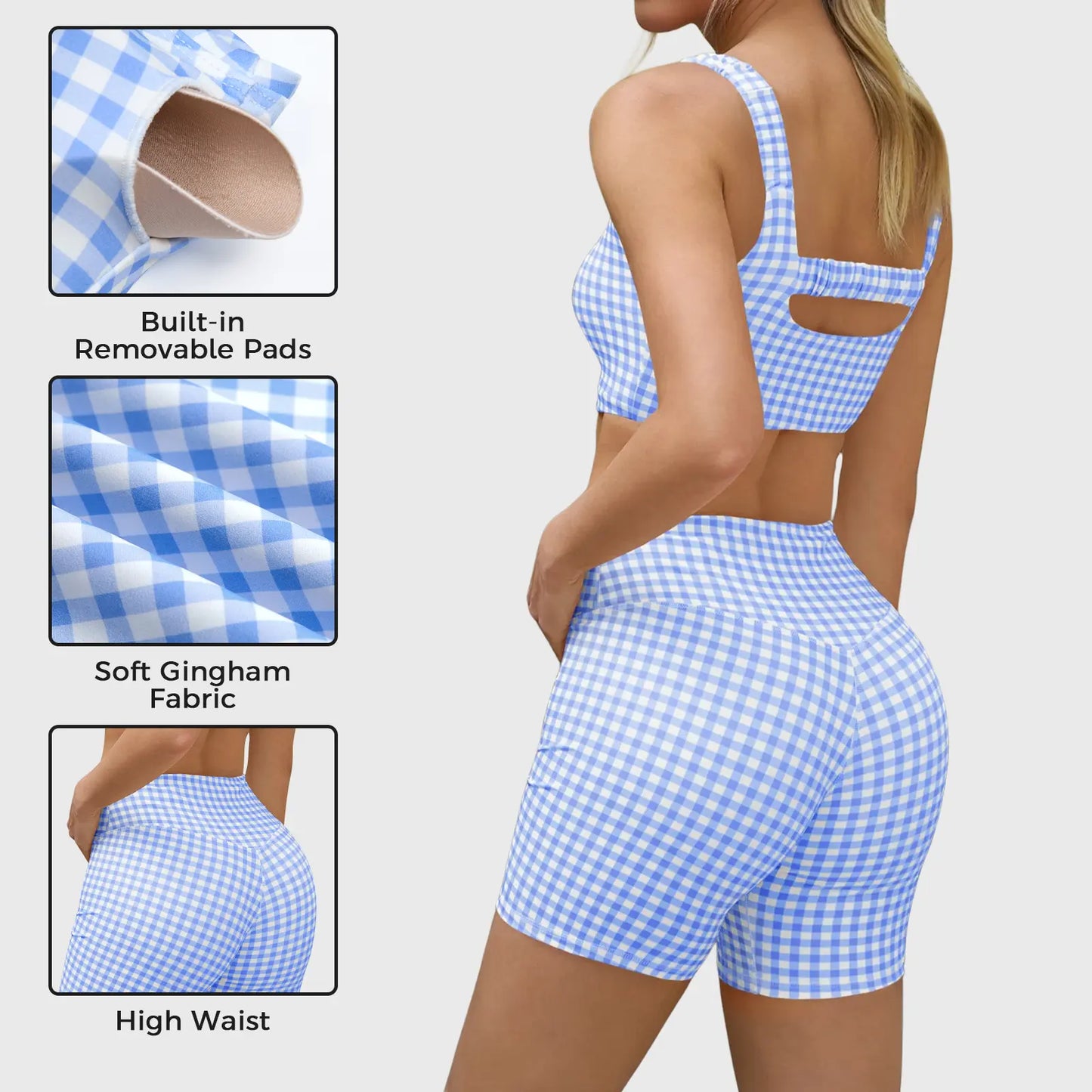 Aoysky Women'S 2 Piece Athleisure Wear Sets - Padded Open Back Gingham Crop Tank (Women'S Tops), High Waisted Seamless Sports Shorts, Sporty Style Outfits, Gym Sets for Yoga & Workout,Summerwins,Summeroutfits,Vacationoutfits,Bathingsuitwomenset,Beachoutfi